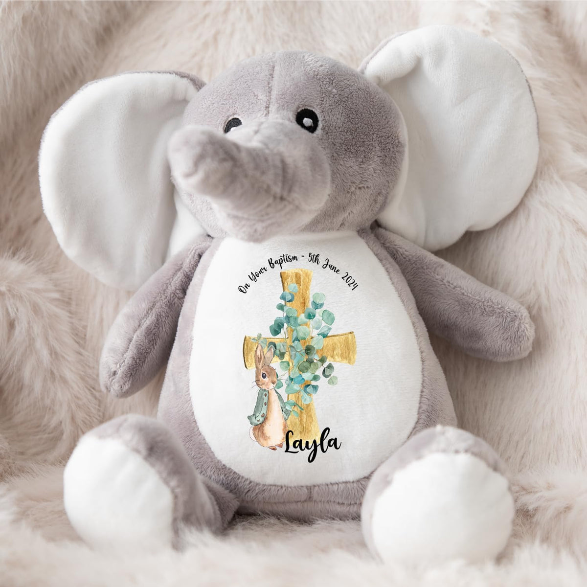 Crafted Memories - Personalised Bunny Rabbit | Custom Name & Date | Christening & Baptism Keepsake | Baby Girl & Boy | Soft Grey, White | Ideal 1st Birthday Present