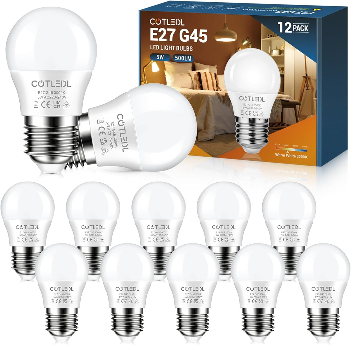 E27 Screw Bulbs, Warm White 3000K, 5W(40W Equivalent), 12 Pack