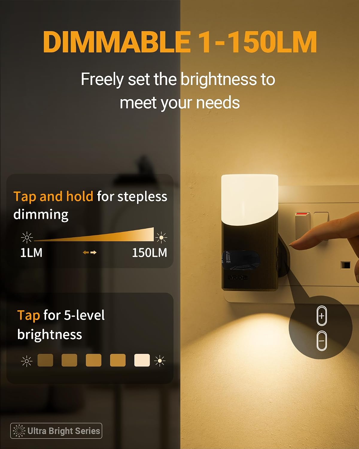 Lyridz Motion Sensor Lights Indoor with Up-and-Down Glowing, Dimmable Night Light Plug in Wall Warm White, [1 Pack] Movement Sensor Light Auto 60s/120s Off for Hallway, Bathroom, Stairway, Corridor