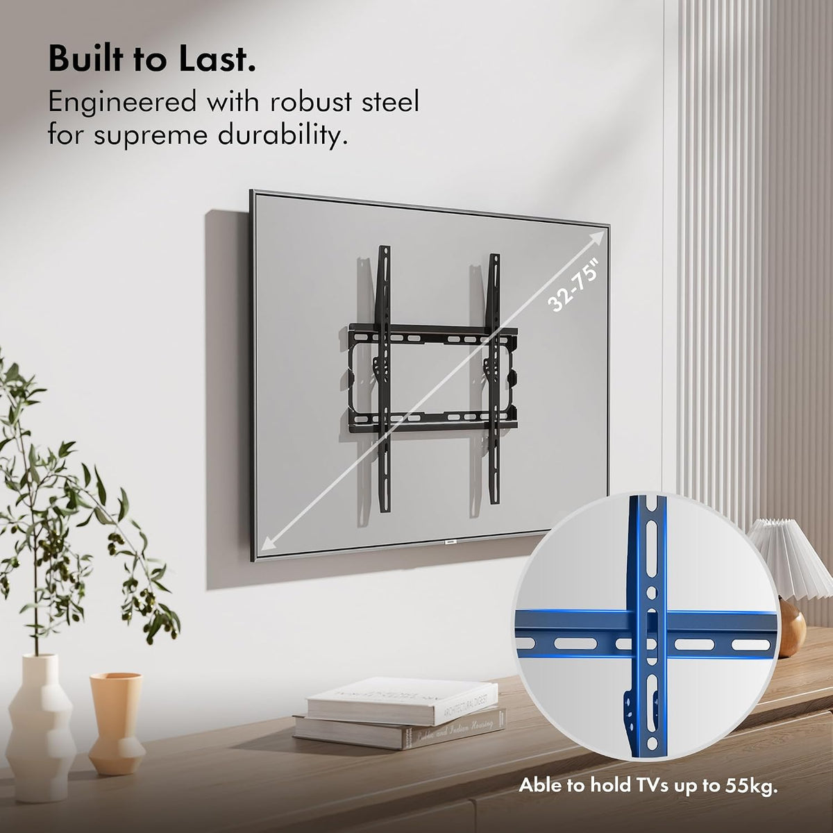 VonHaus TV Wall Bracket for 32-75" Screens, Ultra-Slim TV Bracket with Spirit Level, Flat to Wall Mount, 55kg Capacity, Max VESA : 400x400 mm