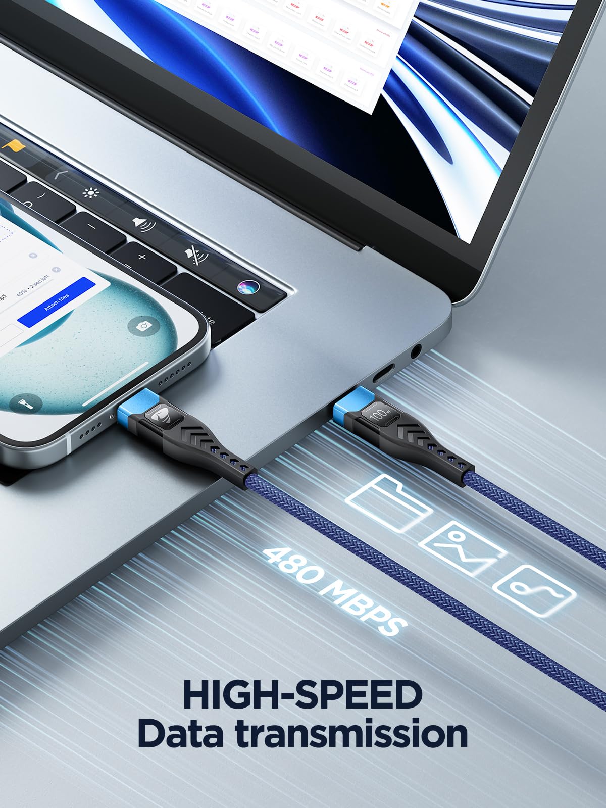USB-C to C 1M 100W PD3.0 Fast Charging Cable - Compatible with MacBook Pro, iPad Air, iPhone 15, Samsung S23/S22/S21 Ultra, Pixel 7/6, Switch, PS5