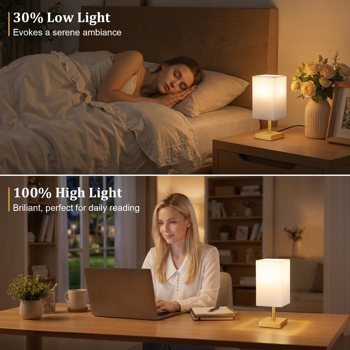 White Table Lamp for Bedroom, Small Bed Lamp with for Bedroom, Silver Base(Bulb Included)