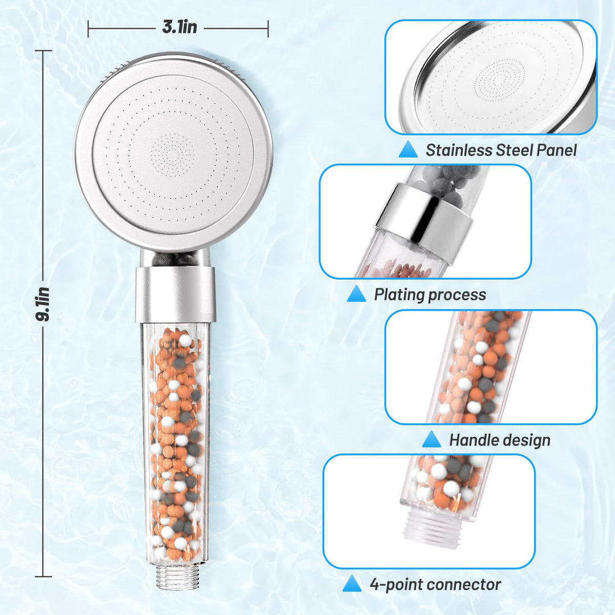 VEHHE High Pressure Shower Head with Filter Beads, 3 Spray Modes