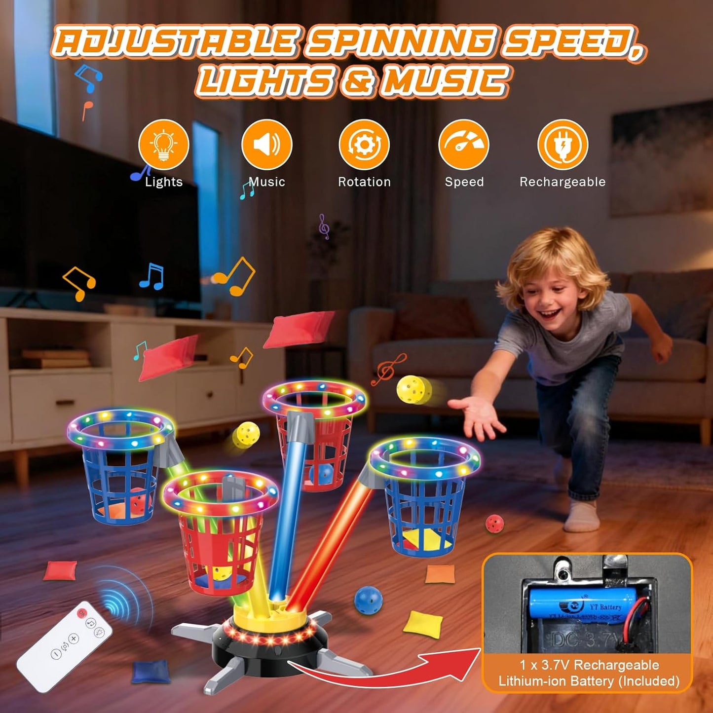 VATOS 3 in 1 Bean Bag & Ring Toss Game, Musical Jumping for Kids, Electric Spinning Base with Remote, Lights, 12 Sandbags, 12 Tossing Rings, 12 Balls, Indoor Outdoor Backyard Sport Toy for Boy Girl 3+
