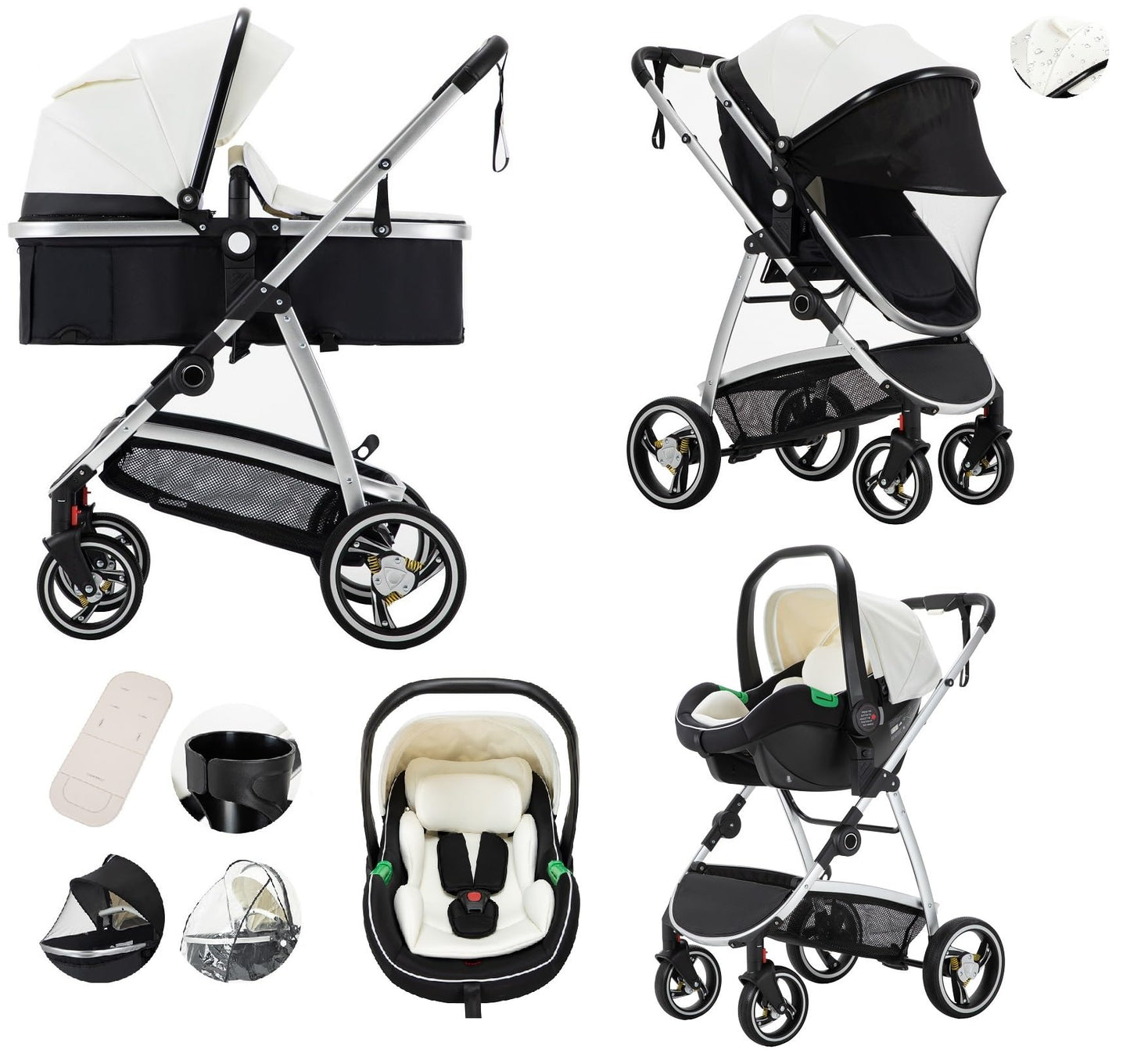 Baby Stroller 3 in 1,Travel Pushchair's Lie-Flat Pram is Foldable, Stroller System Handle is Adjustable, The Wheels are Made of PU Material, Suitable for 0-3 Years-Khaki