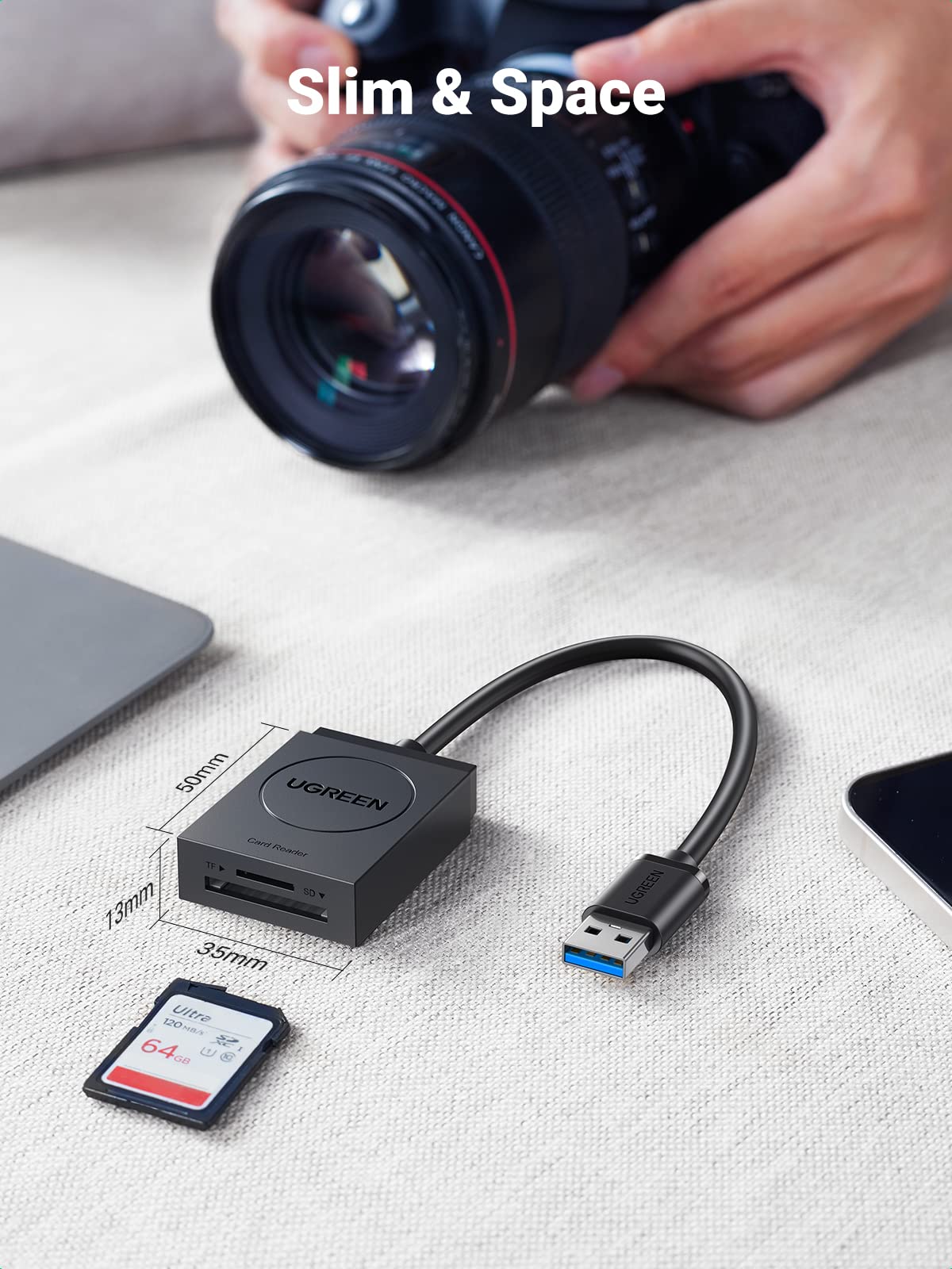 UGREEN SD Card Reader, USB 170Mb/s to TF/SD Cards Adapter, Dual-Slot Read