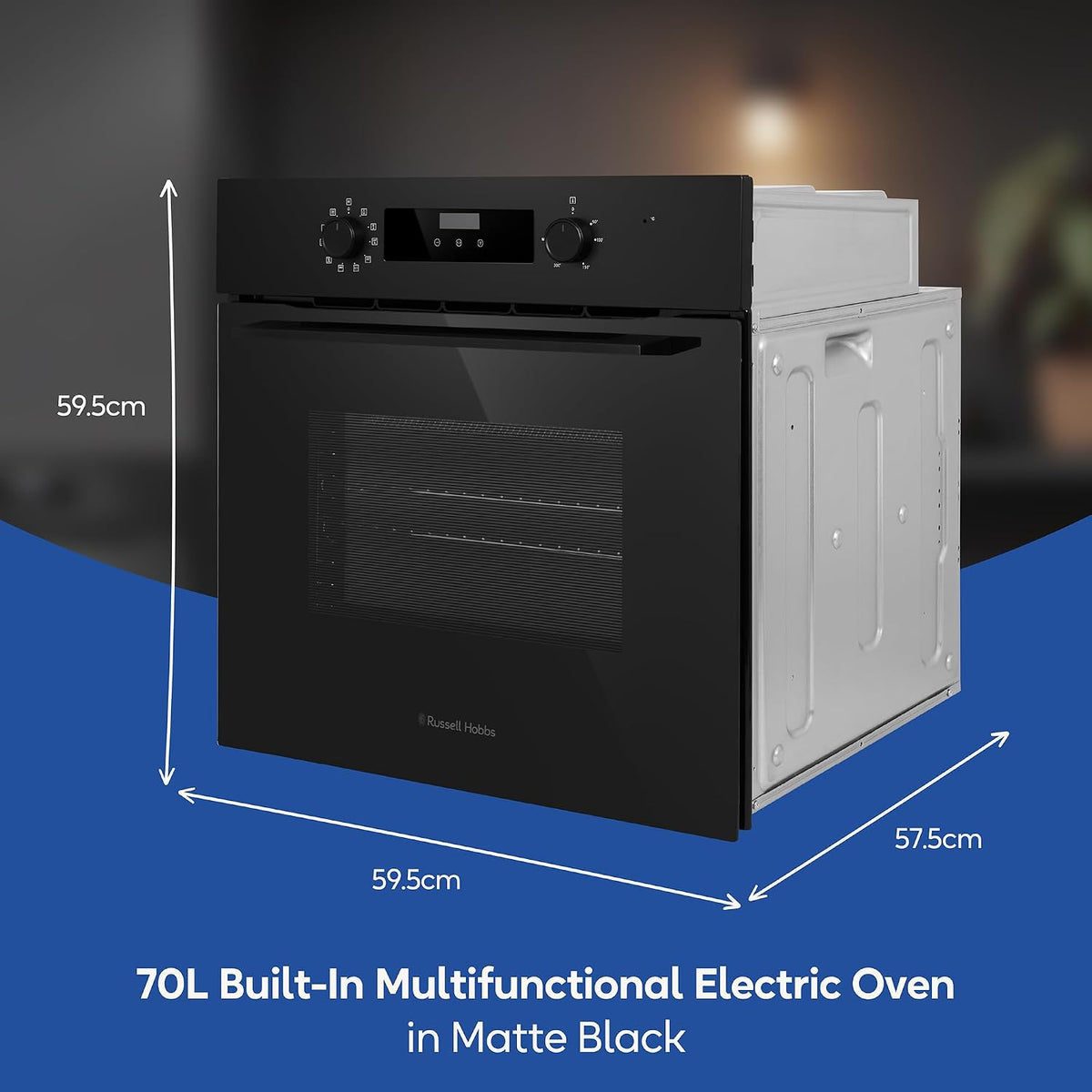 Russell Hobbs Built-in Multifunctional Electric Fan-Assisted Oven 70L in Black with 10 Functions, Double-Glazed Door, A Energy Rating, Grill Function, LED Clock & Timer, Easy-Clean Interior, RHEO7011B