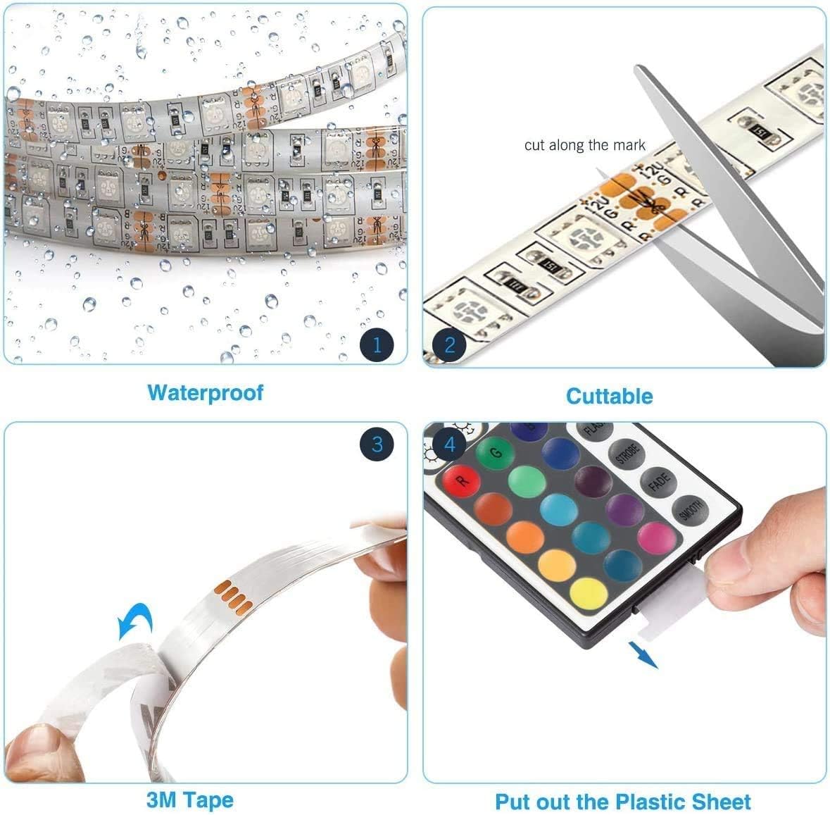 phopollo 5m RGB LED Strip Lights with Remote for Bedroom, Party.24V 5050 RGB, 44-Key Remote, Flexible Adhesive, Bedroom/Party Use
