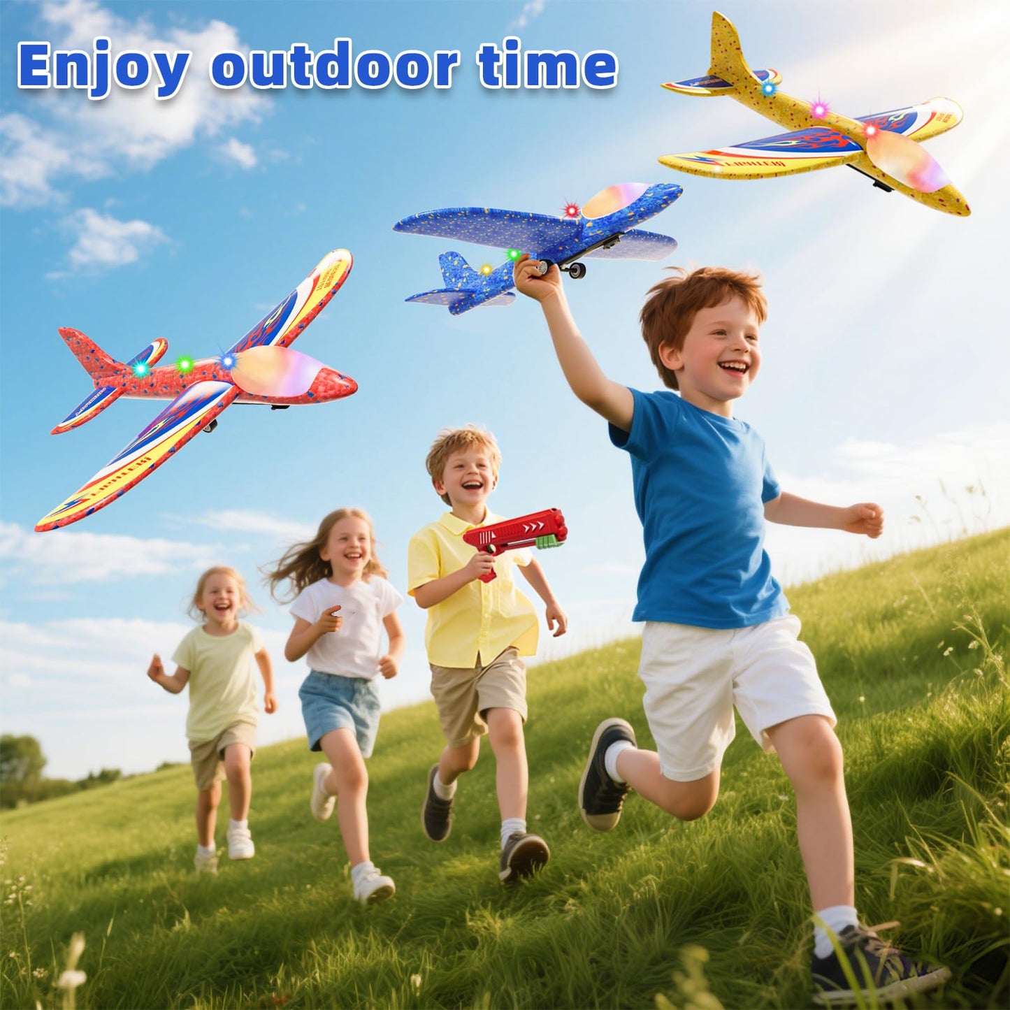 Doloowee Boys Toys for 3 4 5 6 7 8 Years Old, 1 Launcher with 3 Foam Glider Planes, Outdoor Garden Toys Birthday Present Gift for Kids 3 4 5 6 7 8 Year Old