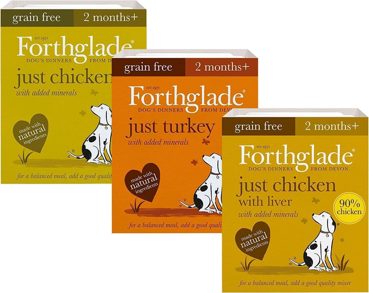Forthglade Complementary Wet Dog Food (12 x 395g Trays) - Grain Free & Hypoallergenic Dog Food, Just Chicken, Chicken with Liver & Turkey, 90% Protein Stomach Sensitive with Natural Ingredients