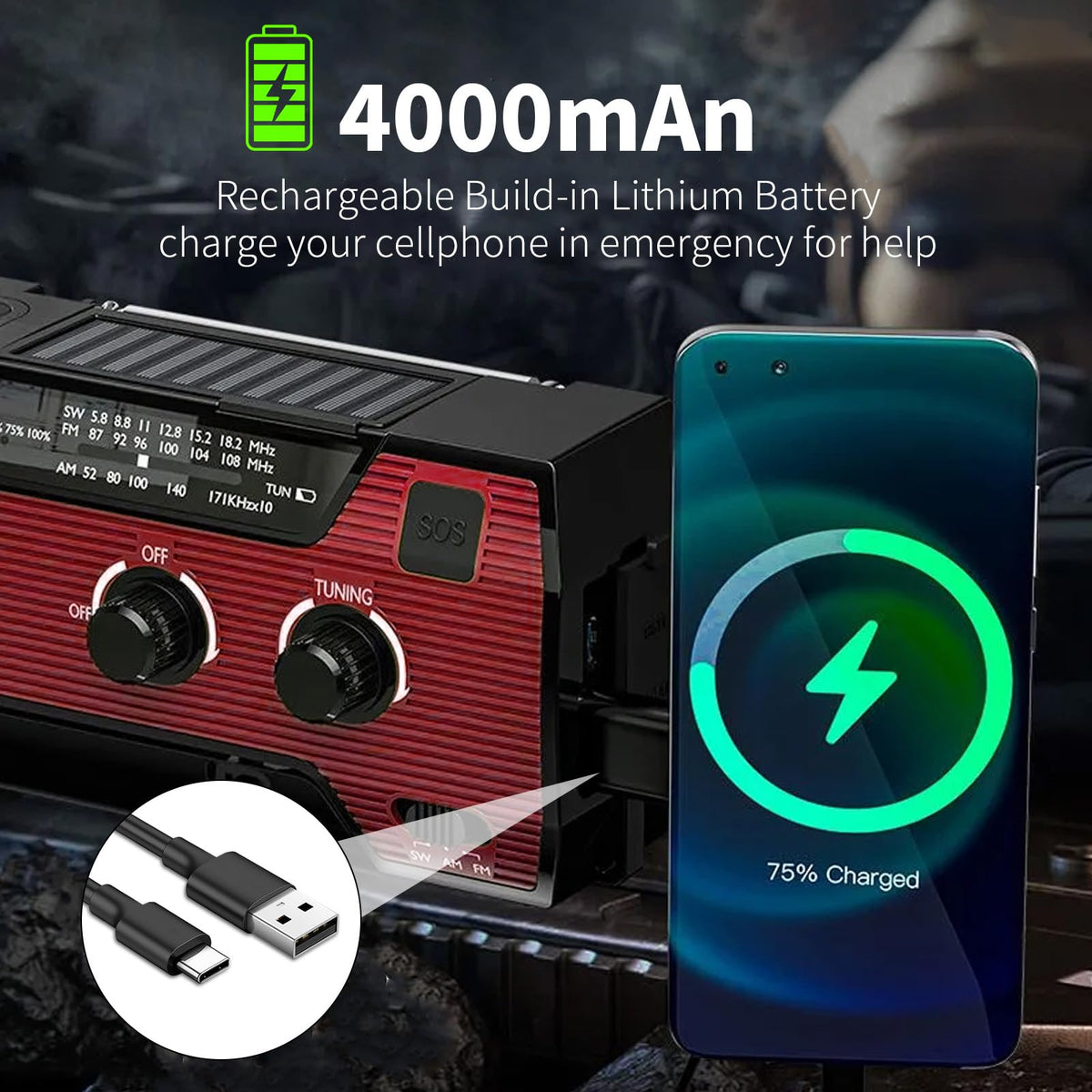 SOLARBABY Wind Up Solar Radio, Emergency Hand Crank Self Powered AM/FM Survival Solar Weather Radio with LED Flashlight,SOS Alarm,2000mAh Emergency Power Bank for Smart Phone (M-Orange)