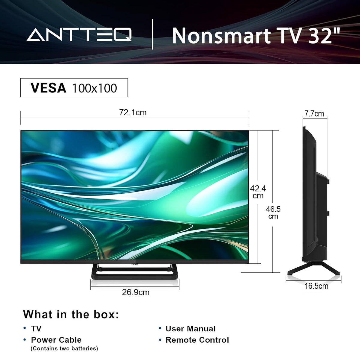Antteq 32 Inch TV, Central Stand Design TV 720P Freeview HD Dolby Audio DVB T2/S2 LED Television, HDMI USB Media Player Monitor PS5 Xbox, Standard Nonsmart TV Small Screen for Bedroom Kitchen Black