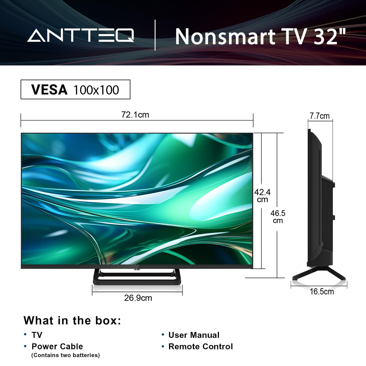 Antteq 32 Inch TV, Central Stand Design TV 720P Freeview HD Dolby Audio DVB T2/S2 LED Television, HDMI USB Media Player Monitor PS5 Xbox, Standard Nonsmart TV Small Screen for Bedroom Kitchen Black