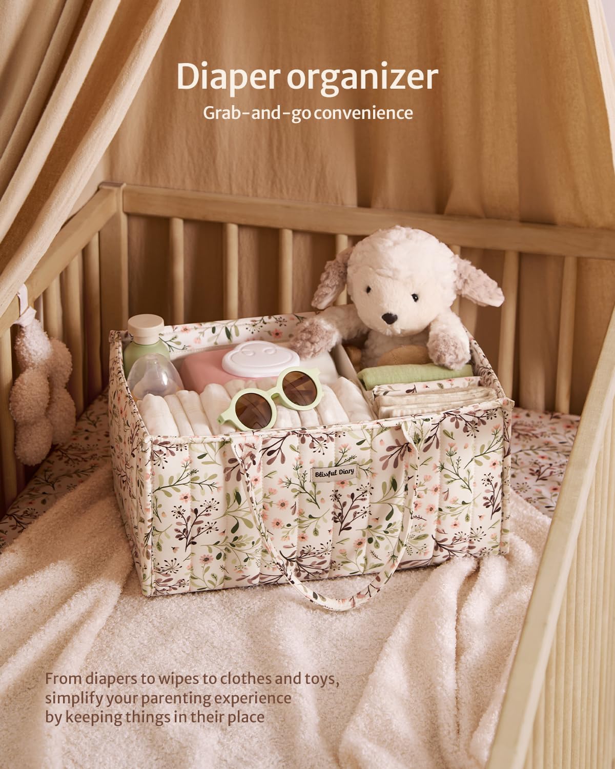 Blissful Diary Nappy Caddy Organiser, Baby Diaper Caddy for Nappy Station, Stylish Storage Basket for Newborn Essentials, Baby Shower Gifts for Girl or Boy, Woodland Cream