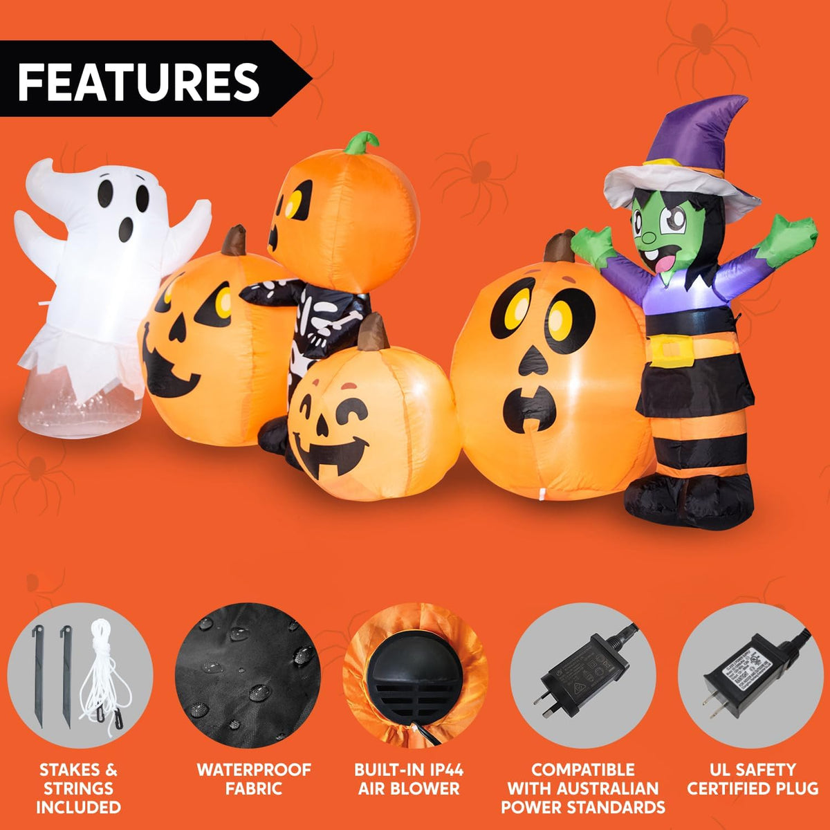 Joiedomi 8 ft Long Inflatable Three Characters and Pumpkin Patch With Built-in LEDs for Halloween Party Indoor, Outdoor Yard Lawn Garden Decorations