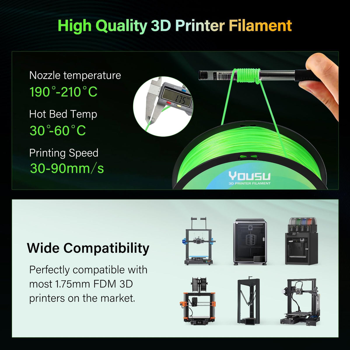 YOUSU 3D Printer Filament Bundle,Glow in The Dark Filament Multicolor,PLA Filament 1.75 mm,Green, Blue,Purple and Rainbow Accuracy +/- 0.03 mm,250g X 4 Pack