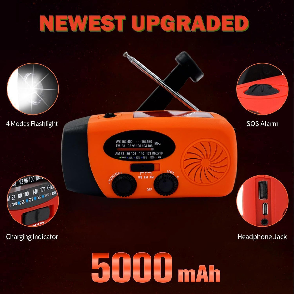 5000mAh Wind Up Solar Radio, Emergency Crank Weather Radio, FM/AM Radios
