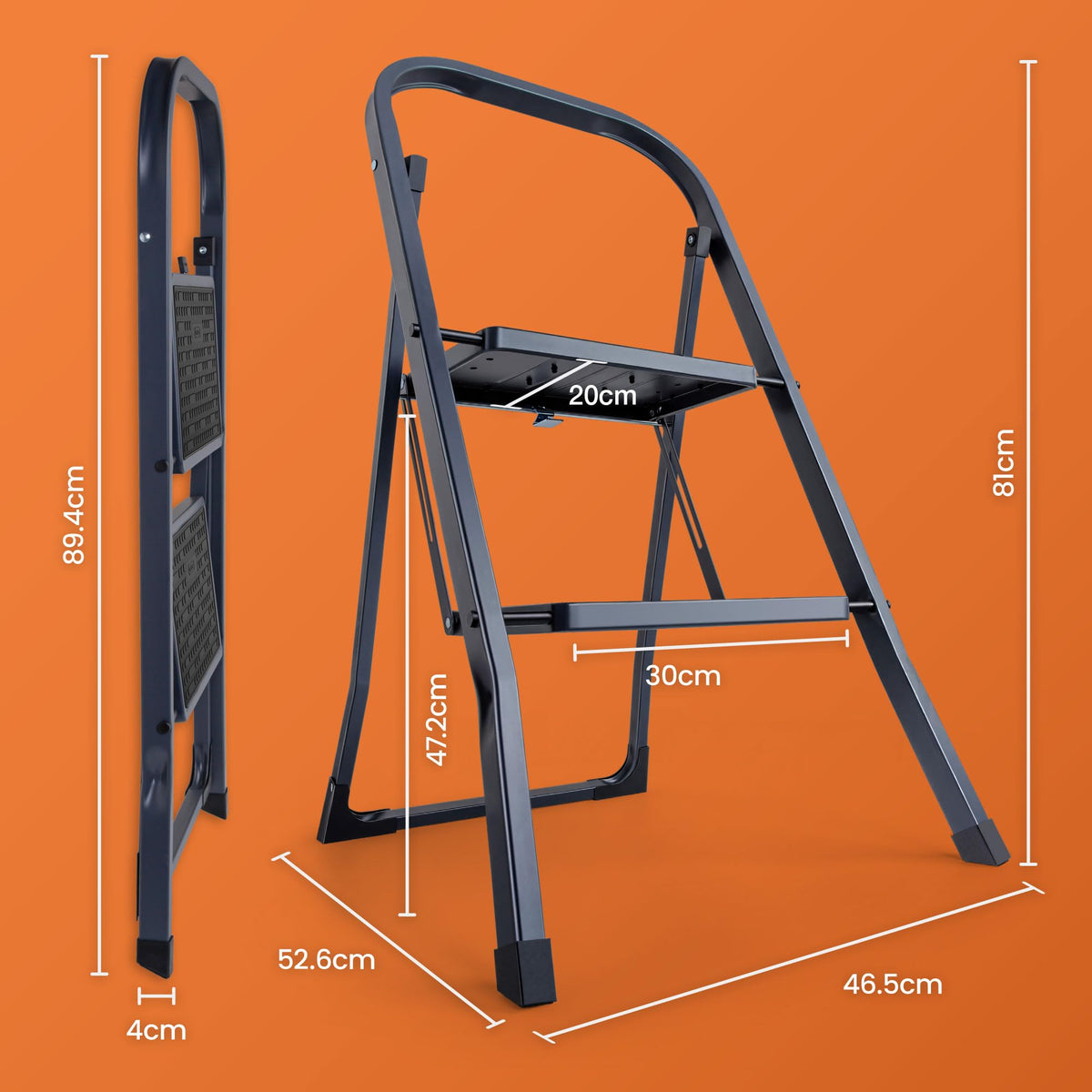 VonHaus 3 Step Ladder – Premium Quality Folding Step Ladder for DIY and Gardening - Anti Slip Feet, Easy to Store Ladder, 150KG Max Capacity - Durable Steel
