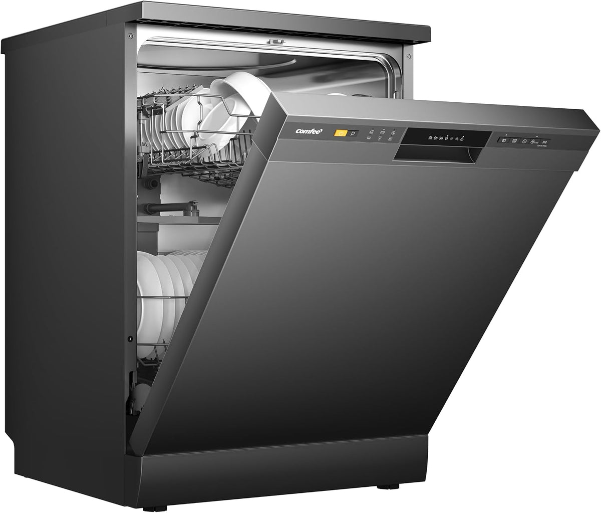 COMFEE' Freestanding Dishwasher CDWPF1201PB-UK 60cm Width, Full Size Dishwasher with 12 place settings, Quick Wash, Hygiene Wash, Delay Start, Half Load - Black