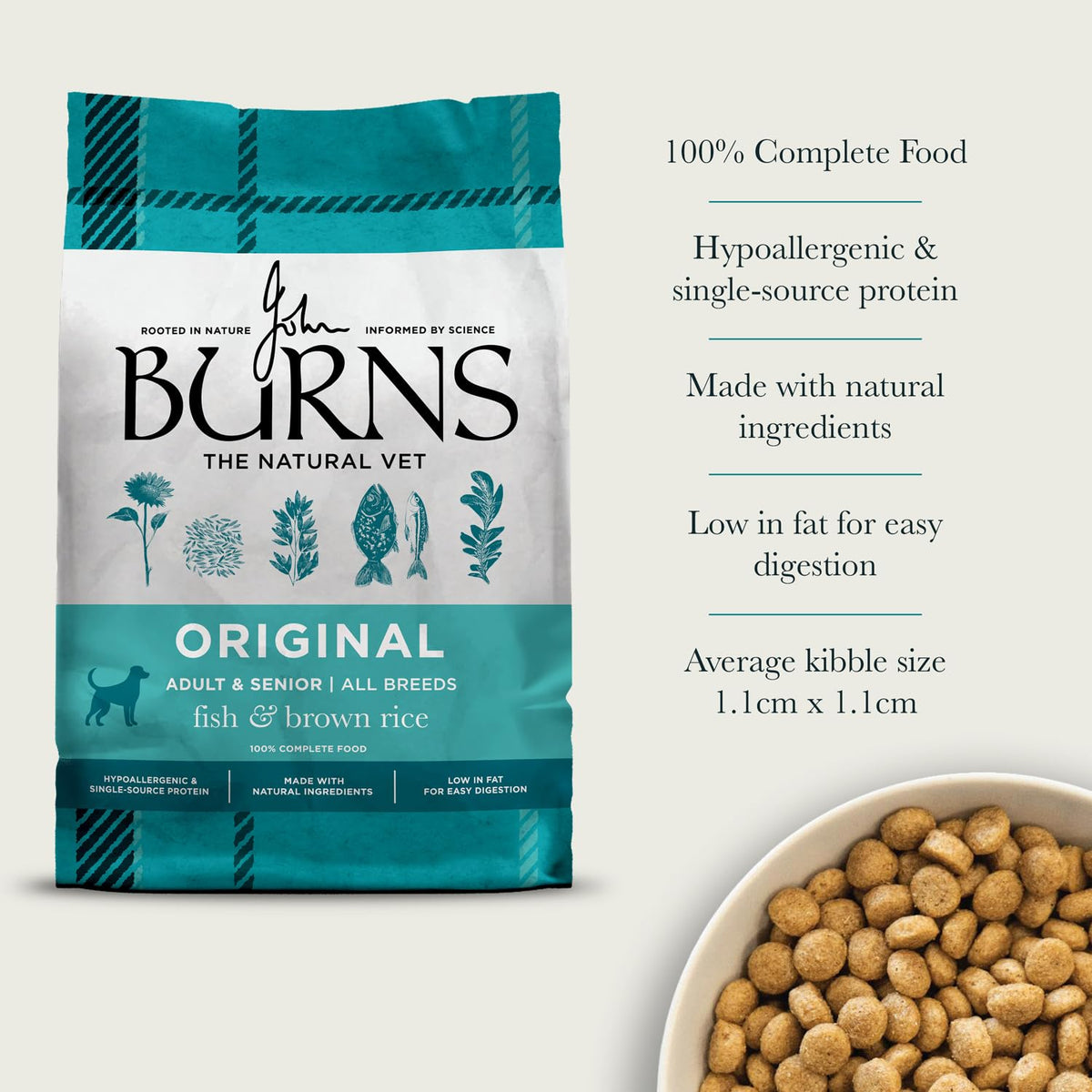 Burns Pet Nutrition Hypoallergenic Complete Dry Dog Food Adult and Senior Dog Original Chicken and Brown Rice 12 kg