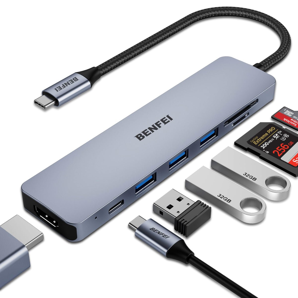 BENFEI USB-C Hub 5-in-1 with 4K HDMI, 3 USB-A 3.2 GEN2 10Gbps, 100W PD, Silicone Woven Cable, Aluminum Case, Compatible with MacBook, iPad, iPhone 15/16 Series