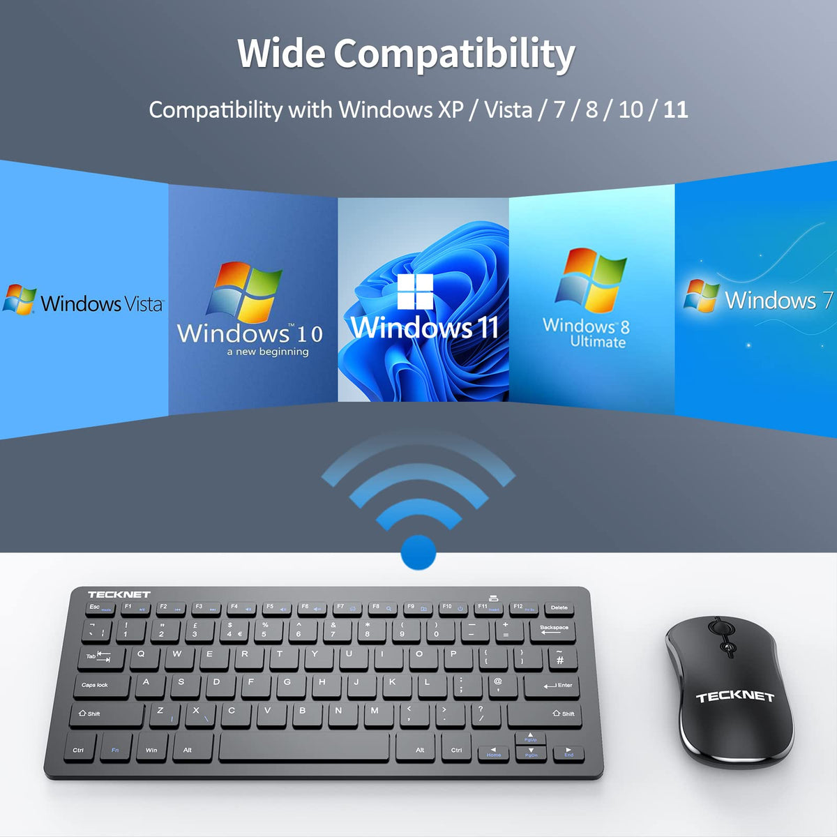 TECKNET Mini Wireless Keyboard and Mouse Set, 2.4G Cordless USB, Black