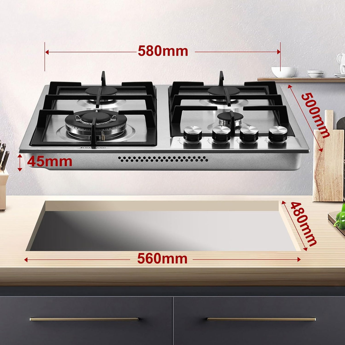 GASLAND GH60SF 60cm Built-in Gas Hob, 4 Burners Stainless Steel Gas Cooktop with Flame Failure Protection, NG/LPG Convertible, 8000W
