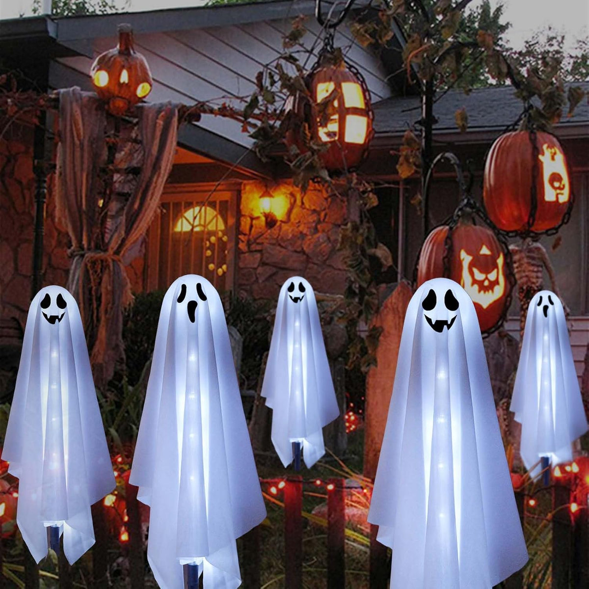 Set of 6 Solar Ghost Stake Lights, Halloween Decorations Outdoor, Scary Spooky Garden Patio Grave Lawn Porch Pathway Lights for Outside Yard Trick or Treat Halloween Party Decor Cool White