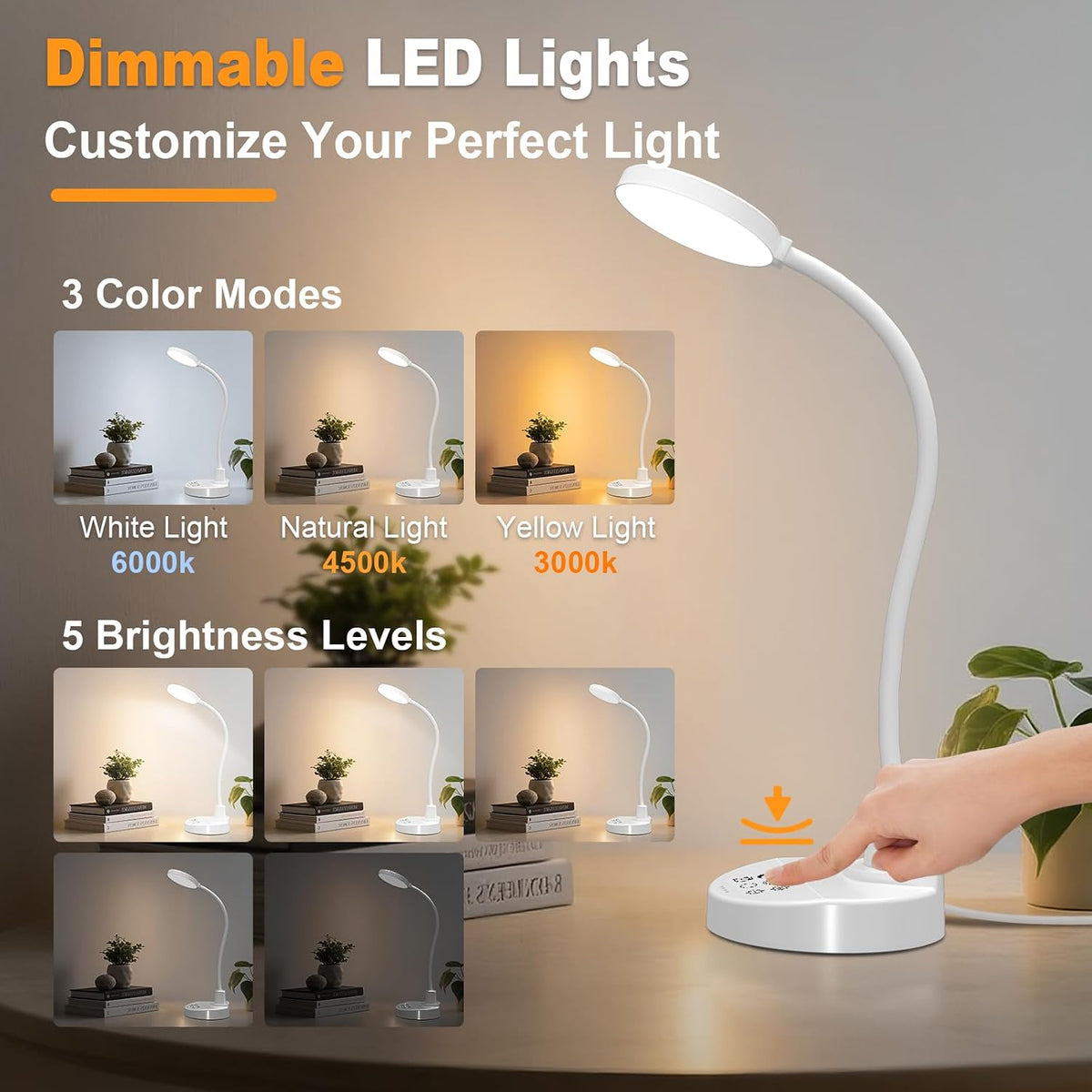 60 LED Desk Lamp with USB Charging Ports – Dimmable Table Lamp with 3 Color Temps, 5 Brightness, 4 Timers, 15W Flexible Gooseneck Light with Base, Eye-Caring Reading Light for Home Office, Bedroom
