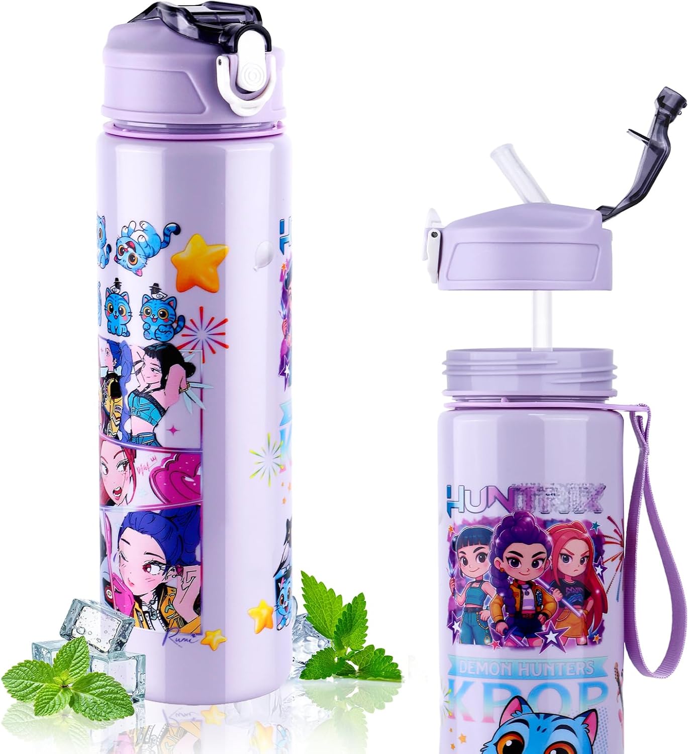 750ML/25OZ Water Bottle with Straw,K-popS Double-Sided Cartoon Pattern Girls Boys Water Bottle,Leakproof Kids Water Bottles With Handle,Drinks Bottle for School,Camping,Travel,Party