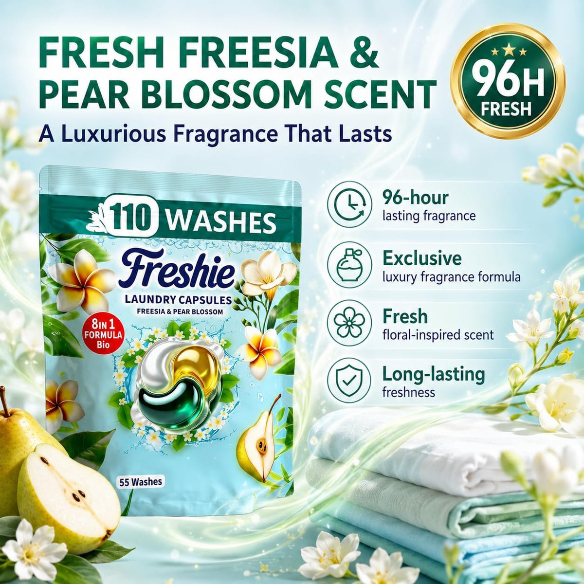 Bio Washing Pods - Laundry Detergent Pods 110 Washes, Fresh Freesia & Pear Blossom Scent - Powerful Stain Removal, Gentle on Skin, Freshness that Lasts and Lasts