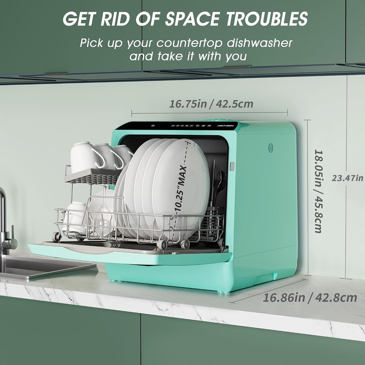 AIRMSEN Mini Table Top Dishwasher - Upgraded 6 Programs, Green