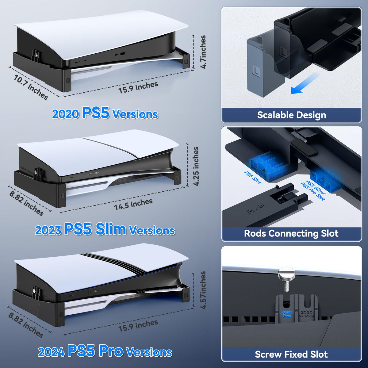 OIVO PS5/Slim/Pro Horizontal Stand for Disc & Digital Console, Protective Stable PS5 Accessories Base Stand with Upgraded Support Rods on Bottom & Scalable Design for PlayStation 5 Console Faceplates