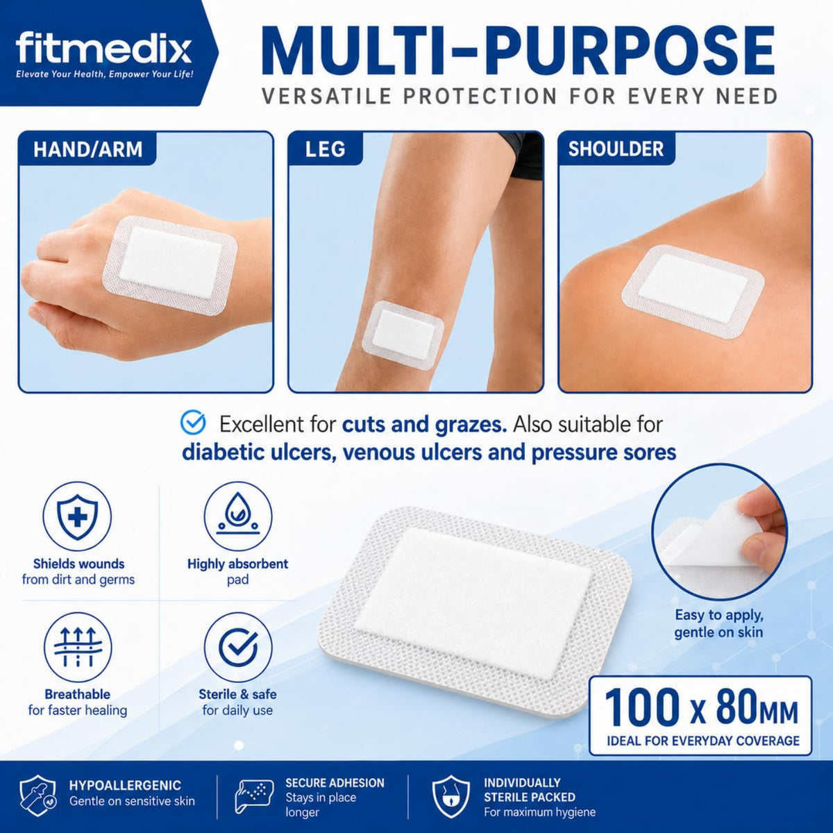 FitMedix Adhesive Wound Dressings (80mm x 100mm)- **Pack of 10** Sterile Dressings for Wounds, Cuts, Grazes, Diabetic Leg Ulcers, Venous Leg Ulcers & Small Pressure Sores- Hypoallergenic Plasters
