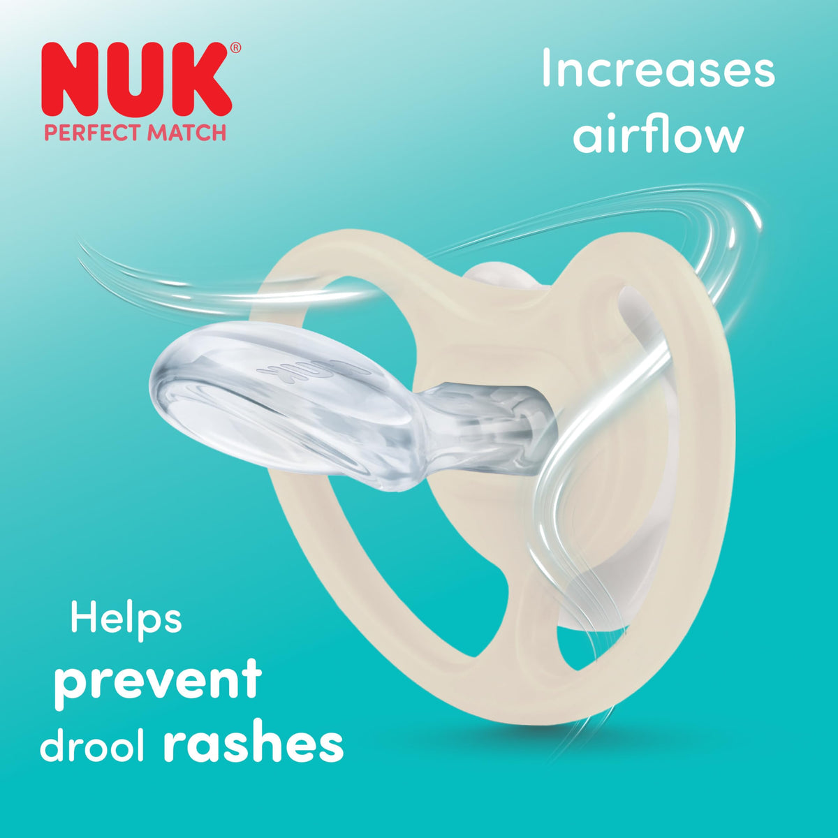 NUK Perfect Match Air Baby Dummies | 6-18 Months | Orthodontic Soothers that Promote Air Flow & Prevent Drool Rash | 95% Baby Acceptance** | Assorted | 4 Count
