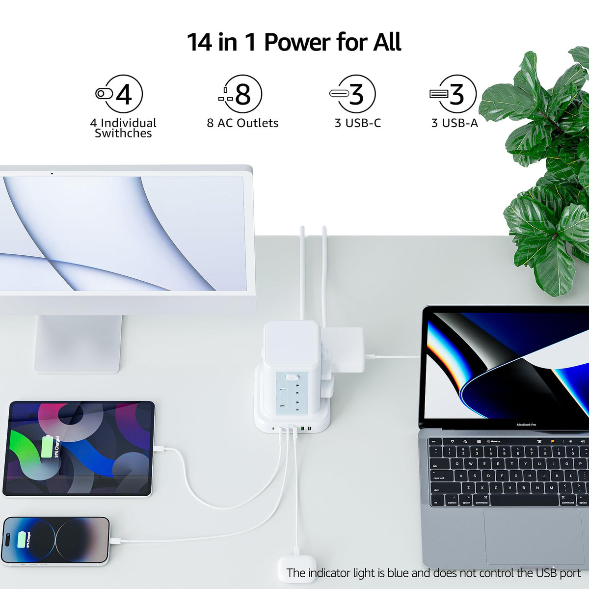 6M Tower Extension Cord with 6 USB Slots, Toomke 8 Way Extension Sockets with 3 USB A and 3 USB C, Tower Plug Extension with 4 Independent Switches 13A 3250W