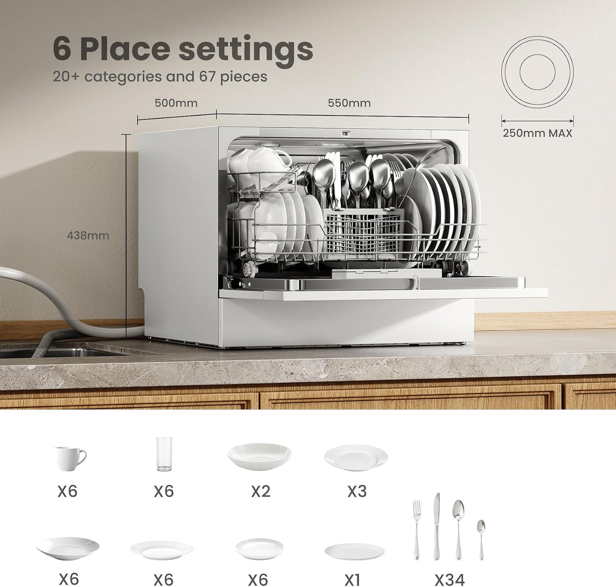 COMFEE' Table Top Dishwasher with 6 Place Settings, Mini Countertop Dishwasher for Small Families, Couples, LED display, Delay Start, 47dB Quiet Noise, White