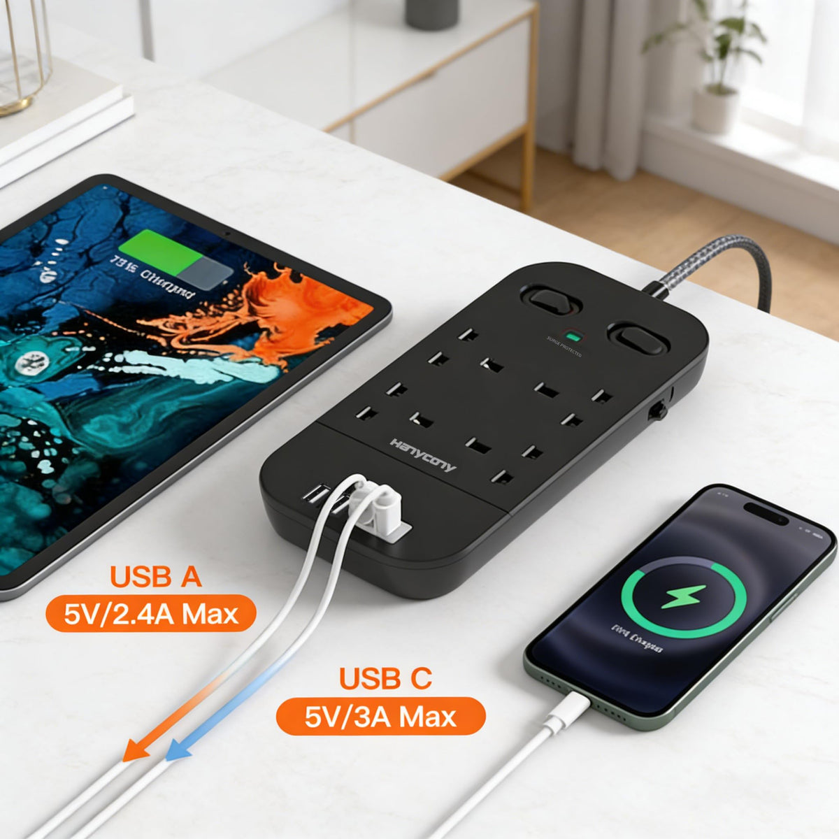 5M Extension Lead Surge Protected, 4 Way Outlets with 2 USB C & 2 USB A