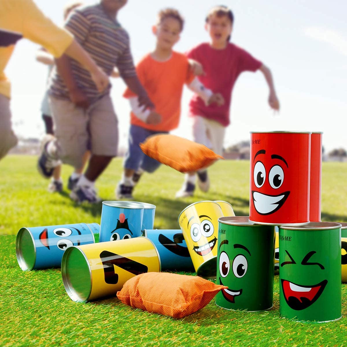 Tin Can Alley Game, Outdoor Garden Target Shooting Fairground Games for Kids & Children, Garden Party Toys Gift for Boys & Girls: 10pcs Fun Smile Knock Down Tin Cans and 3pcs Beanbags