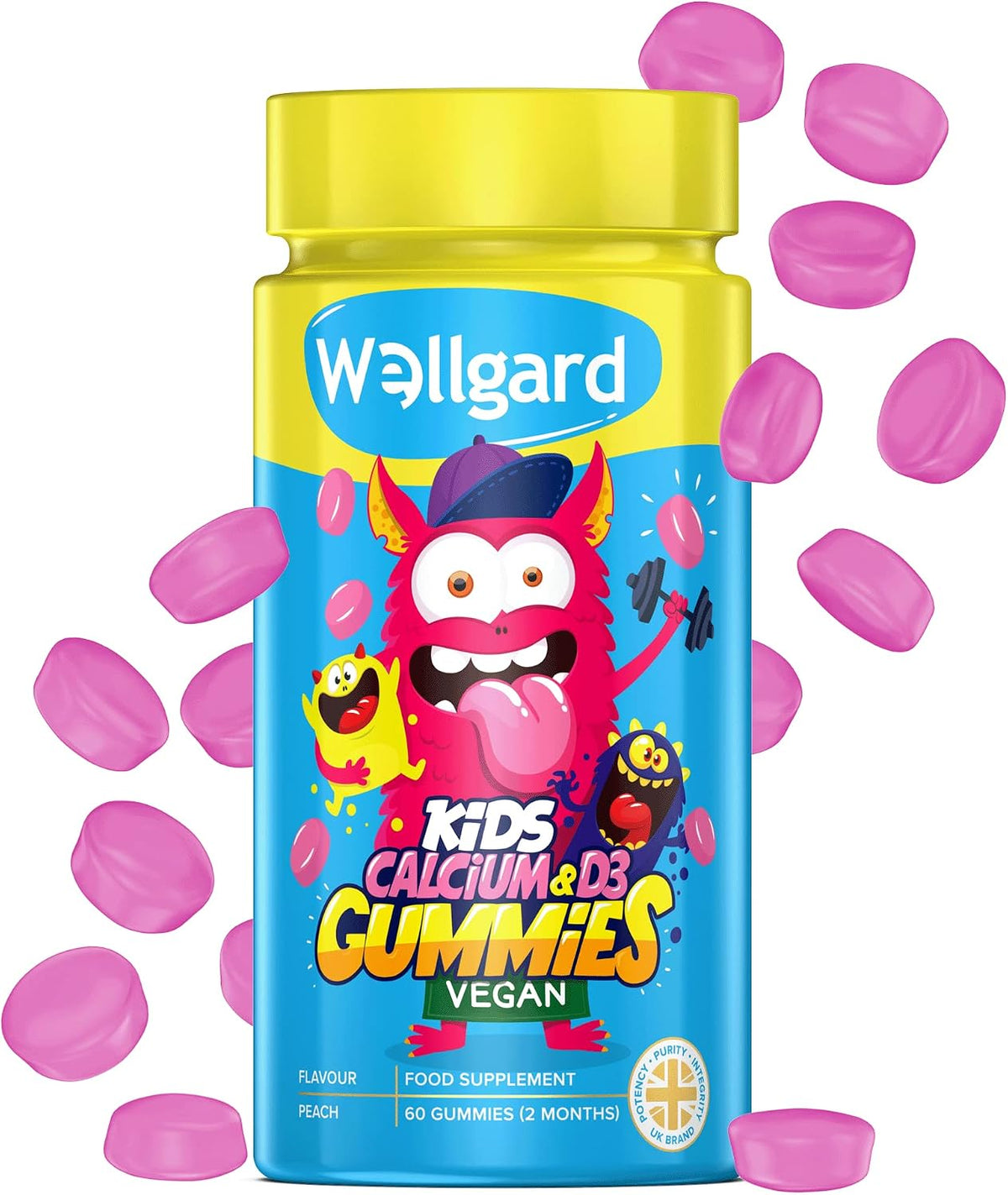 Wellgard Kids Calcium & D3 Gummies - 2 Month Supply - Vegan Chewable Calcium and Vitamin D3 Gummies, Mixed Berry Flavour