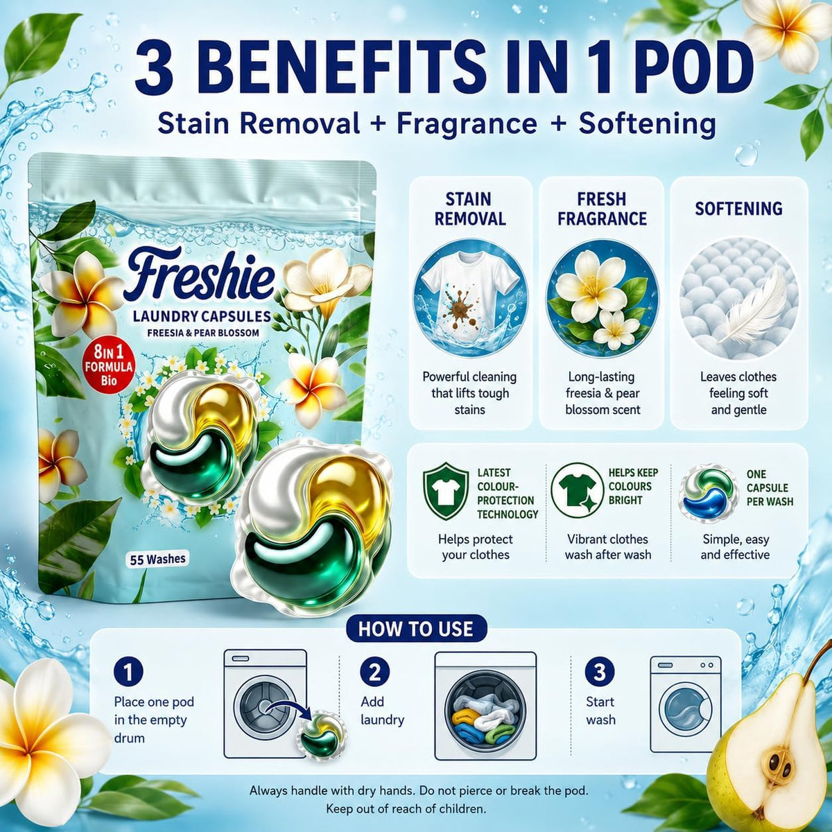 Bio Washing Pods - Laundry Detergent Pods 110 Washes, Fresh Freesia & Pear Blossom Scent - Powerful Stain Removal, Gentle on Skin, Freshness that Lasts and Lasts