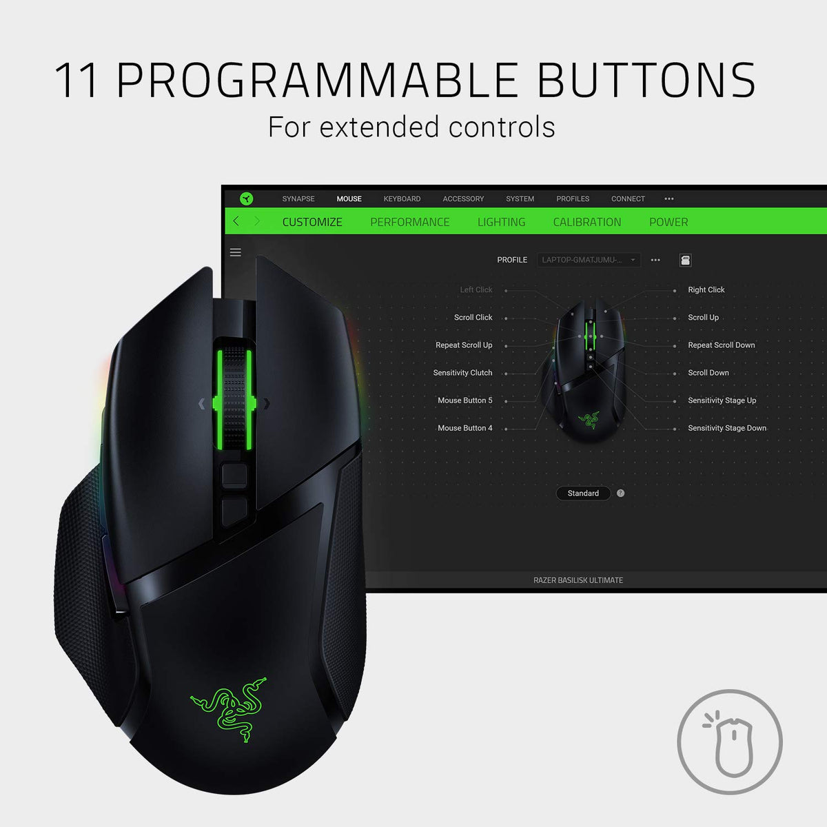 Razer Basilisk V3 - Wired Customisable Gaming Mouse (10+1 Programmable Buttons, HyperScroll Tilt Wheel, 11 Chroma RGB Lighting Zones, Optical Mouse Switches, Focus+ 26K DPI Optical Sensor) Black