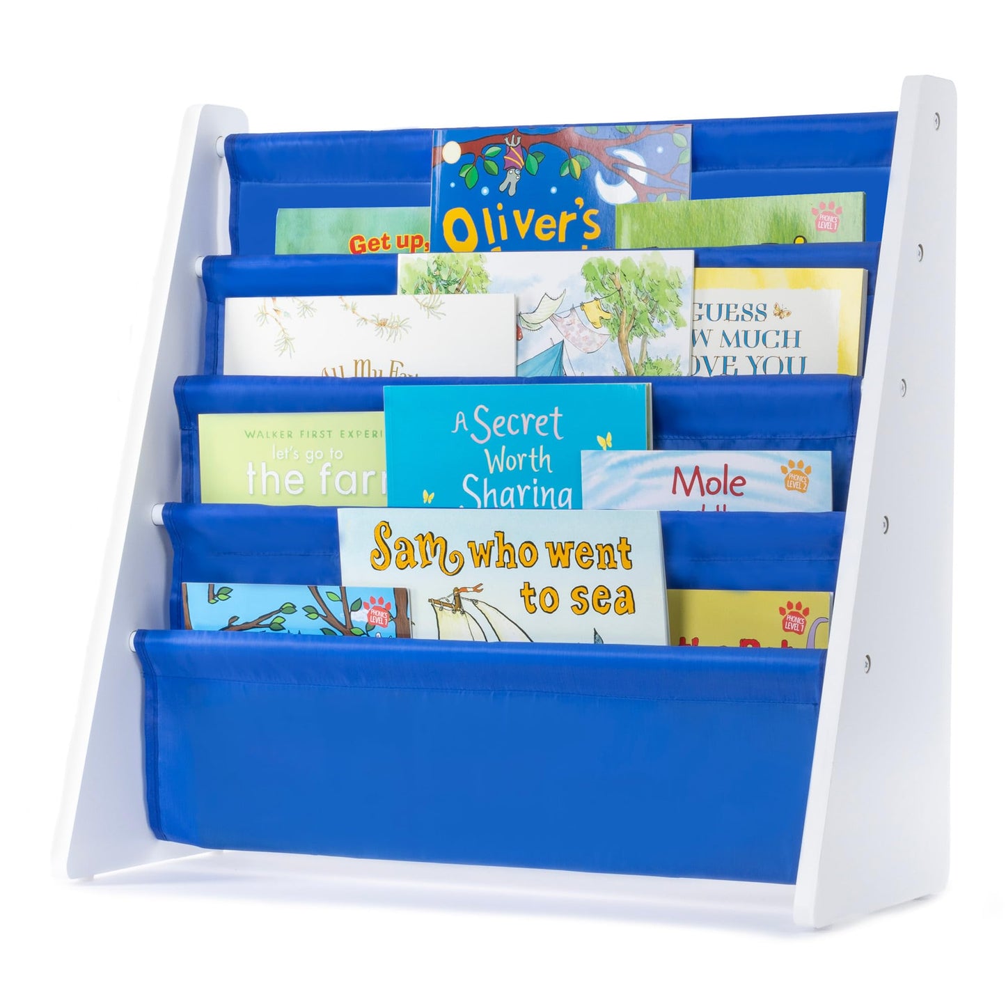 LIVIVO Colorful Kids Bookshelf - 4 Tier Children's Bookcase, Magazine and Book Storage Rack, Wooden Sling Book Organizer, Book Shelf for Kids Room, Bedroom, Nursery, Playroom (Natural)