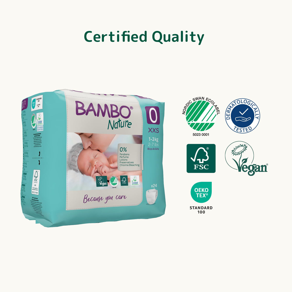 Bambo Nature Premium Eco Nappies, Premature Size 0 (2-7lb/1-3kg), XXS, Pack of 24, Eco-Labelled Nappies, Enhanced Leakage Protection, Secure and Comfortable Baby Nappy