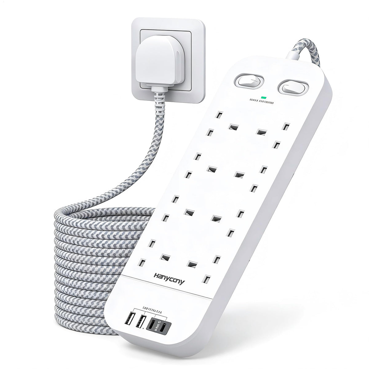 Extension Lead with 2 USB C Slots, 8 Way Power Strip Surge Protector