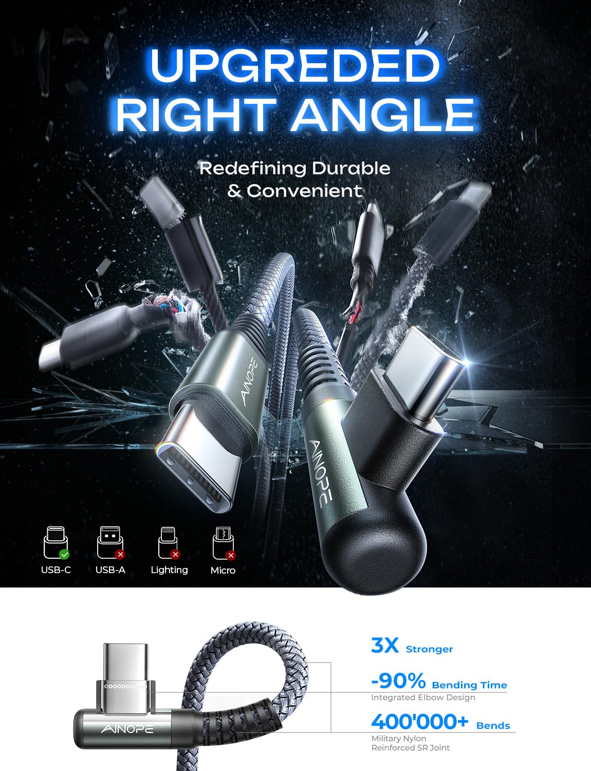 AINOPE USB C to USB C Cable 60W 3.1A, Type C to Type C Cable Right Angle, Compatible with Samsung Galaxy S21 S20, Note 20/10/9/8, MacBook Air/Pro 13'', iPad Mini 6/Pro/Air 2020,Pixel [0.5M]