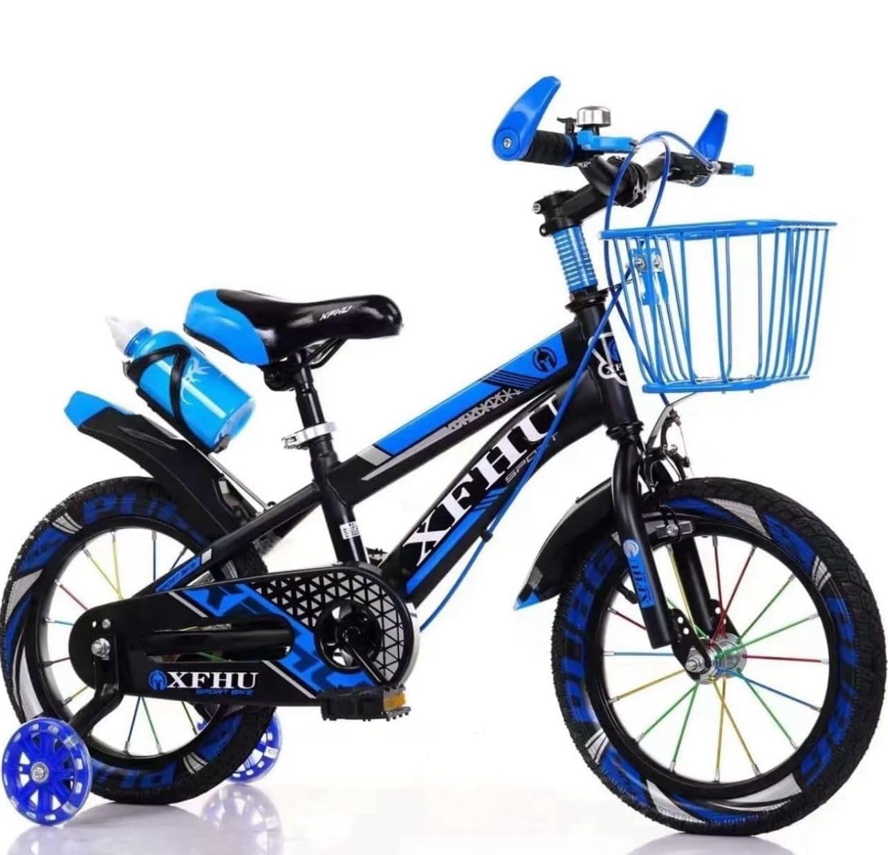 Kids Boys Bike 20" with Stabilisers, Basket, Bell & Water Bottle — Adjustable Seat & Handlebars