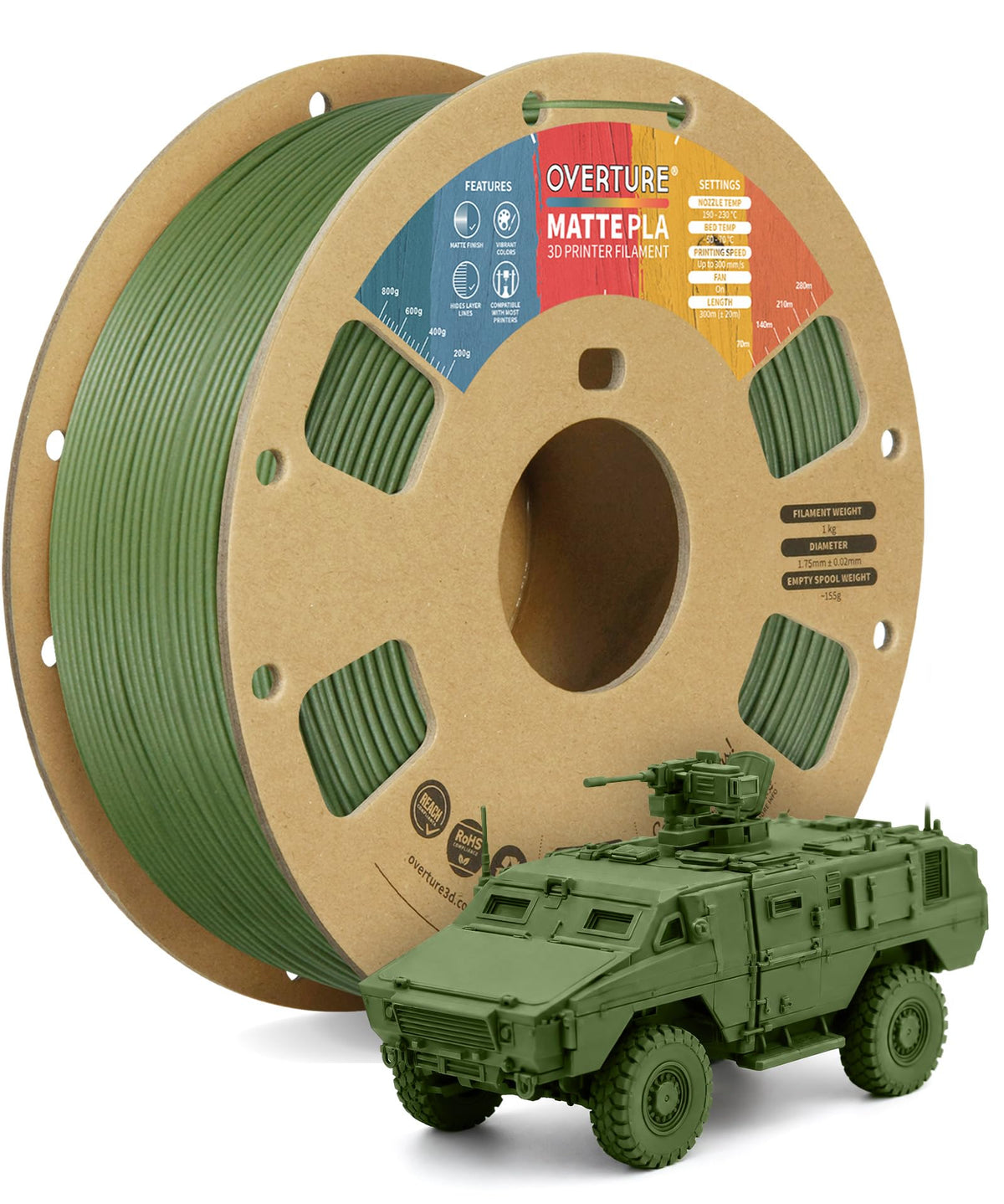 OVERTURE Matte PLA 3D Printer Filament 1.75mm, 1kg Light Brown