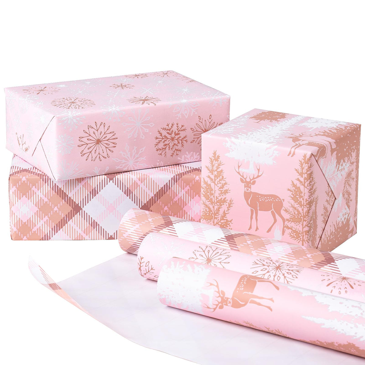 RUSPEPA Christmas Wrapping Paper Roll - Mini Roll - 3 Rolls - 43.2cm x 3m Per Roll - Bird, Christmas Garland, Holly and Pinecones Holiday Design with Metallic Foil Shine