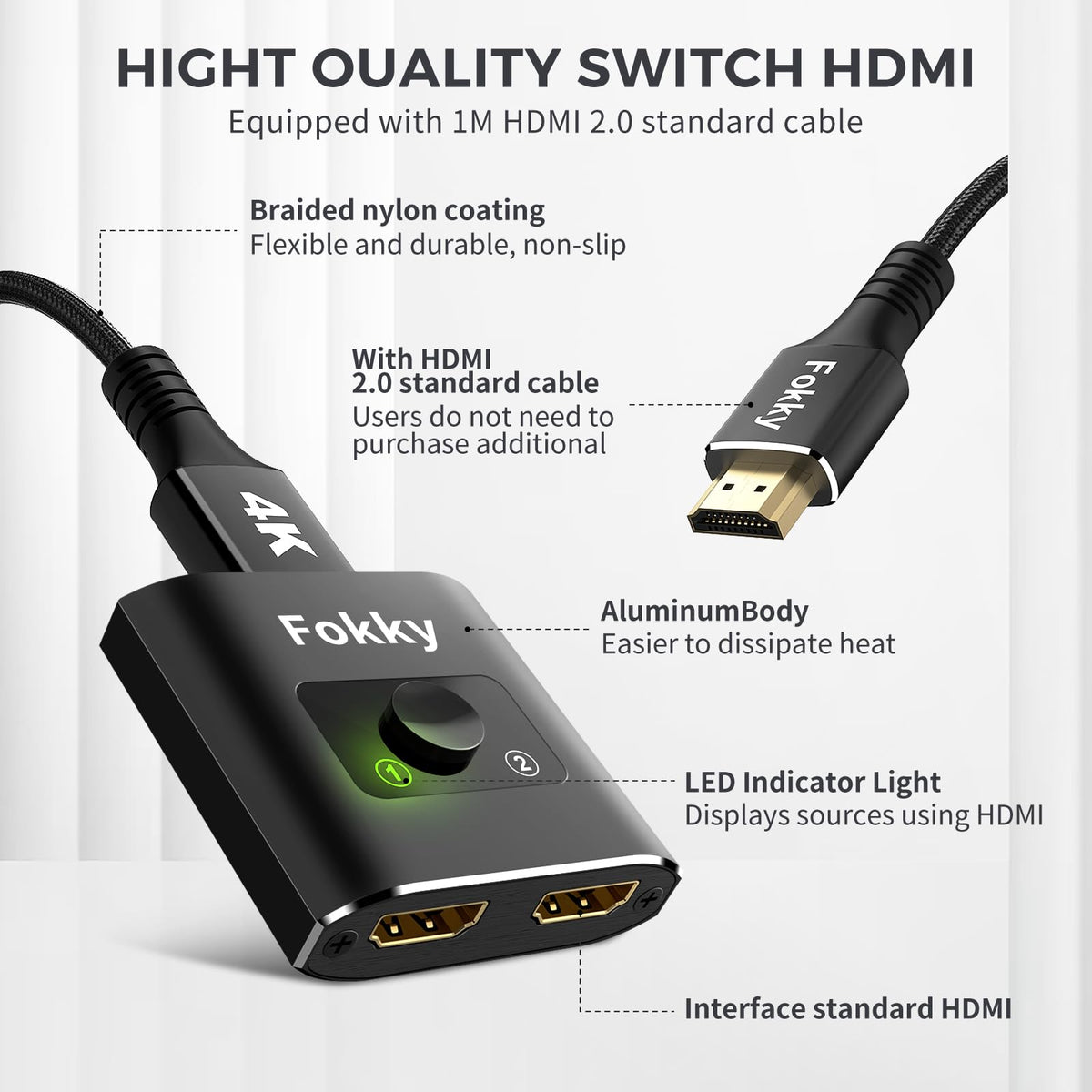 HDMI Switch 4K@60Hz, Bidirectional Hdmi Splitter 2 in 1 out / 1 In 2 out